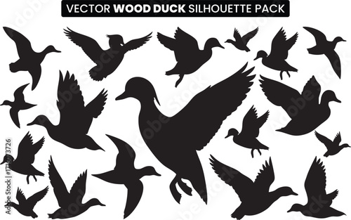 Wood Duck Silhouette Vector Set, Flying Duck Hunting Decal Designs, Minimalist Waterfowl Vector Collection, Wildlife Bird Silhouettes for Logo