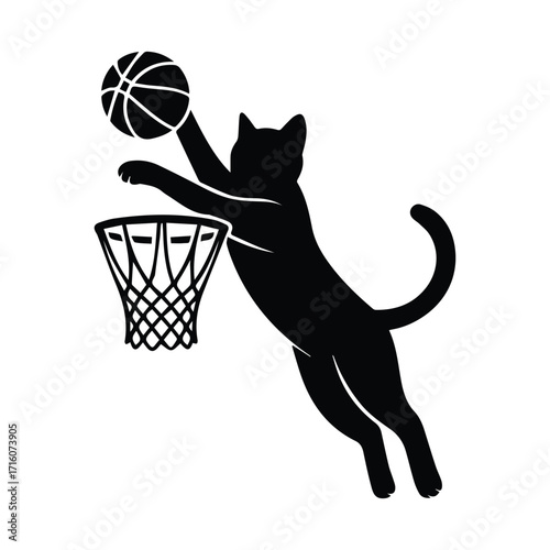 Playful black cat performing a slam dunk on a basketball hoop silhouette