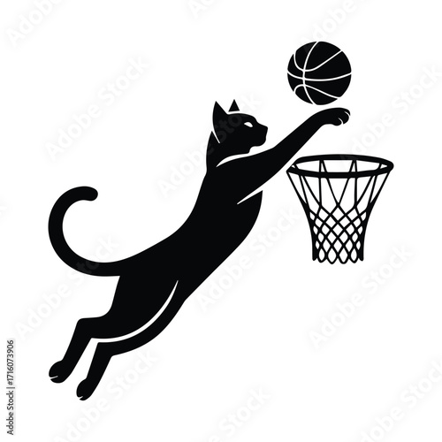 Dynamic black cat silhouette leaping to dunk a basketball silhouette
