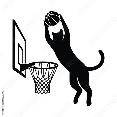 Black cat silhouette jumping to dunk a basketball into a hoop silhouette