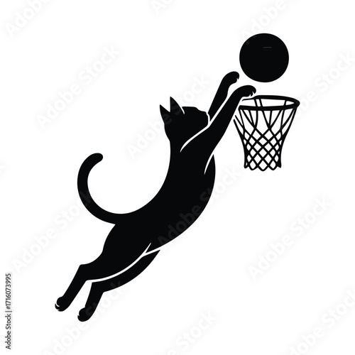 Playful black cat silhouette leaping to dunk a basketball into a hoop
