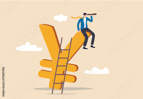 Japan economic vision and forecast, leadership skill to lead country financial in economics crisis concept, businessman climb up ladder to top on Japanese yen sign using telescope to see future vision