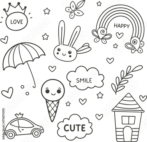 Set of Doodle Elements for Design. Set of Funny Cartoon Animals. Hand Drown Graphic Ornaments Vector Silhouette