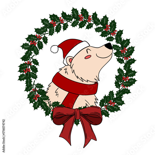Cute Christmas bear with a festive holiday wreath decorated with ornaments and ribbons. Cheerful and cozy New Year character