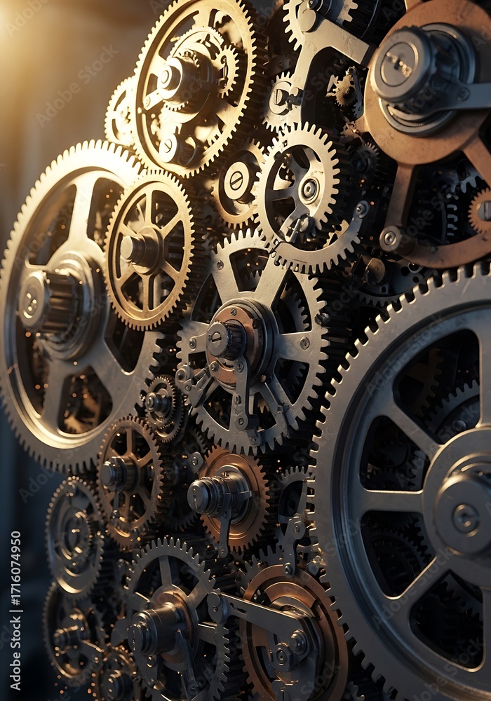 Obraz premium Intricate arrangement of metallic gears creating a complex mechanism