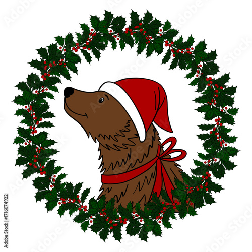 Cute Christmas bear with a festive holiday wreath decorated with ornaments and ribbons. Cheerful and cozy New Year character