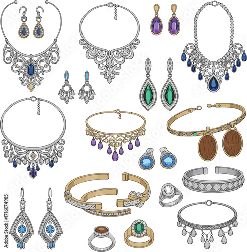 Create a kinds of deferent Jewelry set vector art with white background.