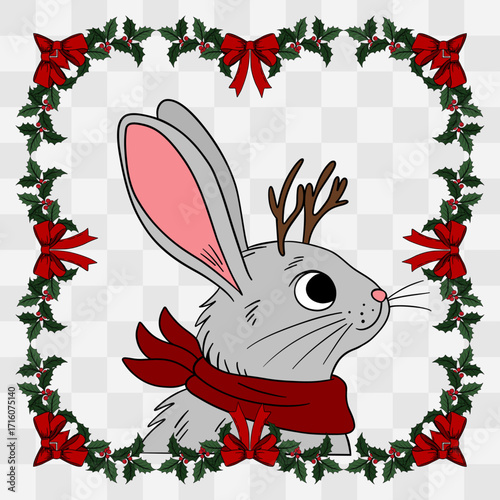 Cute Christmas bunny rabbit with a festive holiday wreath decorated with ornaments and ribbons. Cheerful and cozy New Year character