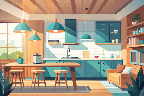 Inviting modern kitchen with teal accents, perfect for cozy cooking and stylish design inspiration now