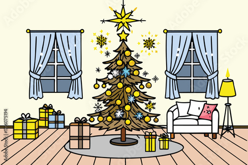 Festive Christmas tree with star and gifts in cozy home interior brings holiday cheer and joyful moments