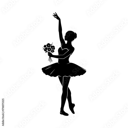 Elegant ballerina silhouette holding flowers, graceful dancer performance art
