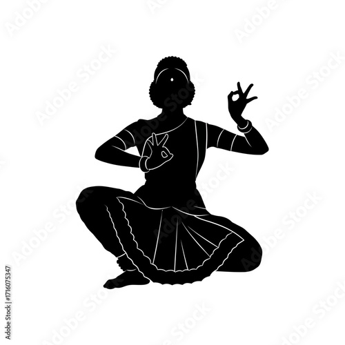 Graceful Indian Bharatnatyam dancer in silhouette performing mudras elegantly