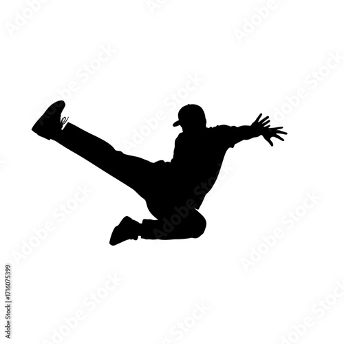 Dynamic silhouette of urban dancer in mid-air jump showcasing street style