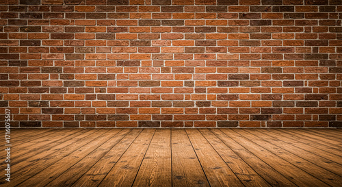 Warm brick wall and rustic wooden floor backdrop for design projects
