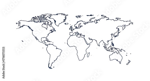 Simple outline world map illustration, a clean and modern depiction of continents for global business, travel, and education themes, ready for easy customization and design projects.