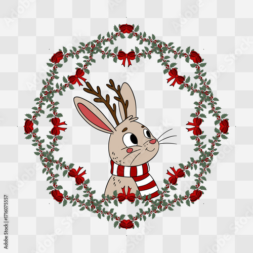 Cute Christmas bunny rabbit with a festive holiday wreath decorated with ornaments and ribbons. Cheerful and cozy New Year character