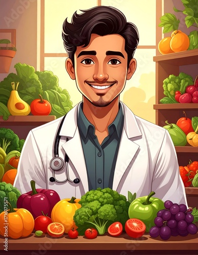 Doctor in a fruit and vegetable store