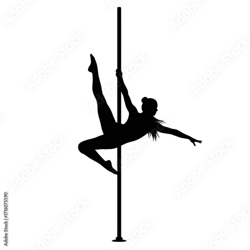 Dynamic silhouette of pole dancer performing a split on a dance pole