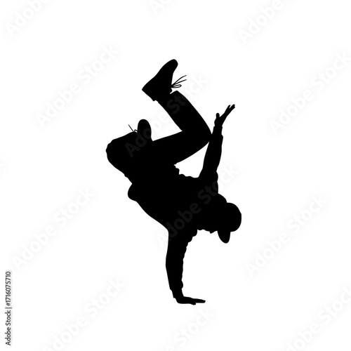 Dynamic breakdancer silhouette performing handstand, urban dance energy