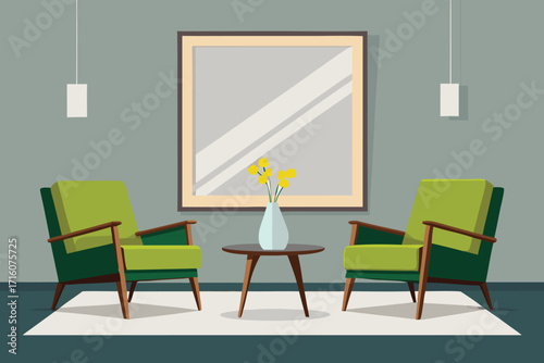 Create a warm welcome with this stylish living room scene showcasing mid-century modern furniture