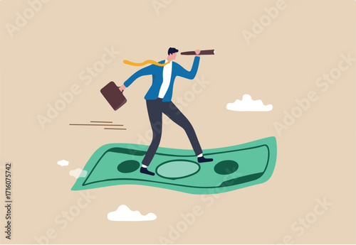 Investment opportunity, visionary to make profit or financial growth concept, smart businessman riding flying banknote money using telescope or spyglass to see future.