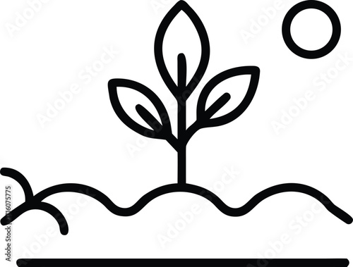 Simple line art icon of a seedling growing from the soil with a sun in the background