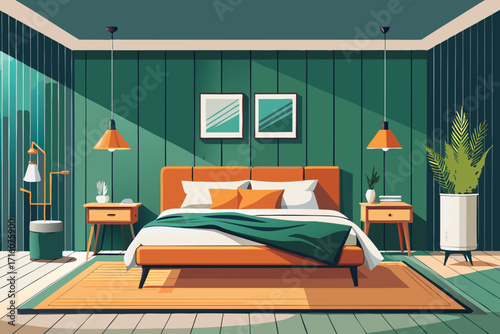 Modern bedroom interior design with orange bed and green accents for restful sleep and relaxation