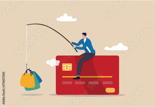 Consumerism and marketing luring people to shop with credit card debt risk, man sitting on credit card fishing with result of shopping bags.
