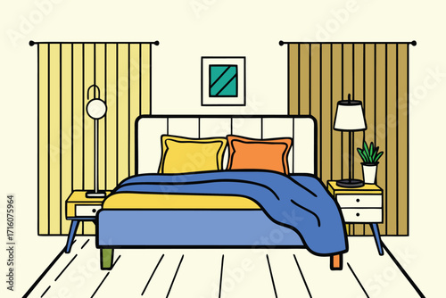 Stylish bedroom illustration with modern furniture, perfect for showcasing interior design concepts and home decor trends