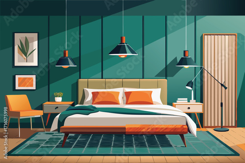 Stylish modern bedroom interior with teal walls and orange accents for a relaxing and inviting space