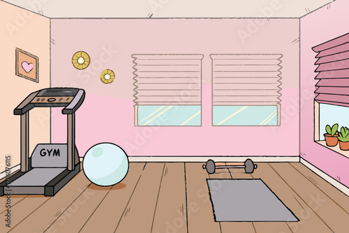 Cozy home gym setup with treadmill and exercise ball for a healthy lifestyle and workout routine