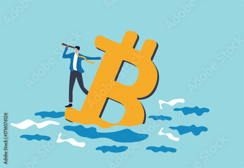 Bitcoin price down, future of crypto currency price or vision to see cryptocurrency market concept, businessman investor standing on drowning bitcoin symbol using telescope to see future.