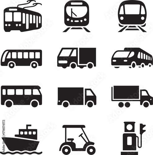 Collection of black silhouette icons of various vehicles and transportation modes vector