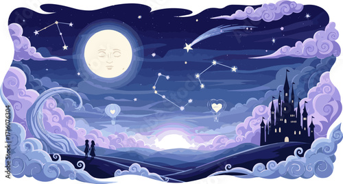 Create a kinds of deferent Romantic and fairytale night sky vector art with white background.