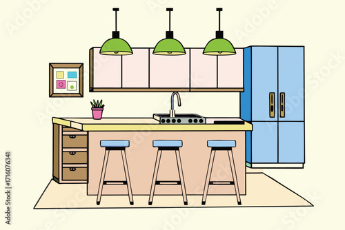 Modern kitchen island with stools, sink, and cabinets providing a stylish and functional design
