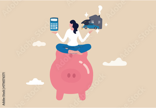 Personal finance money management, expense, cost and budget calculation for education, housing mortgage or car loan concept, smart woman on piggy bank with calculator, house, car and graduate hat.