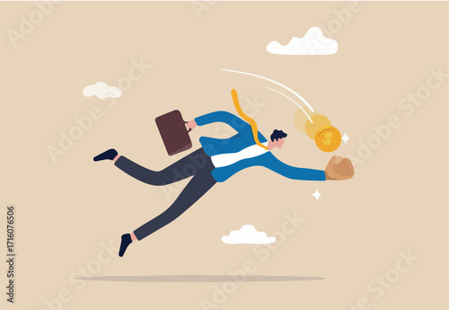 Investment opportunity, catching bargain stock or mutual funds, grab winning profit or earning concept, businessman jump to catch golden money coin with baseball catcher glove