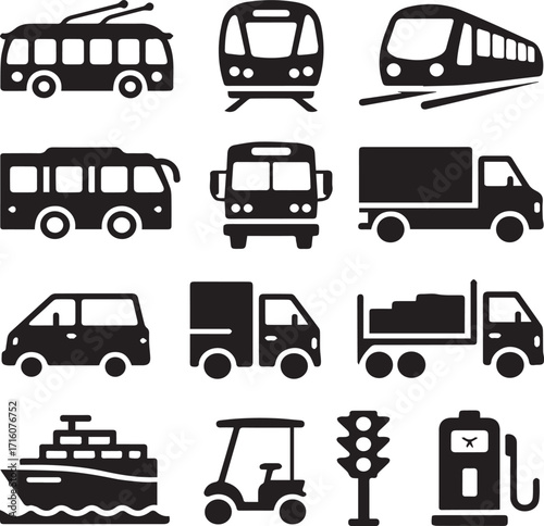 Collection of black transportation and service vehicle silhouettes on white background trolleybus tram