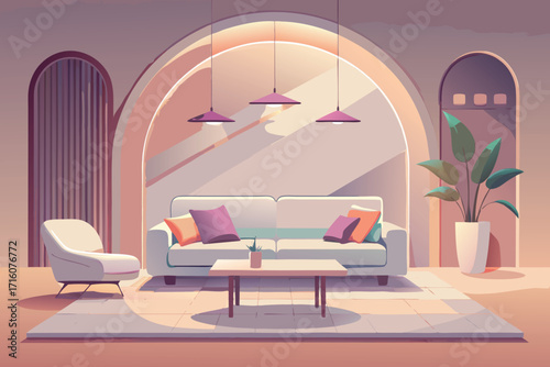 Relaxing in a beautifully designed minimalist living room with soft lighting and modern furniture