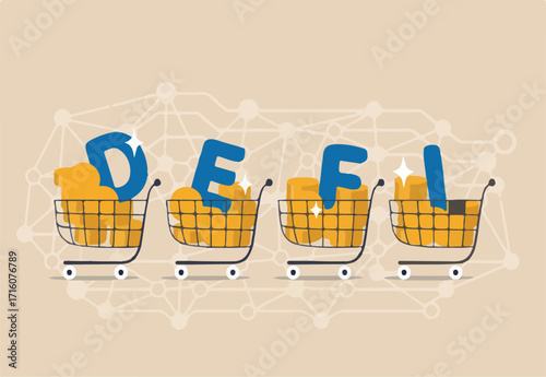 Decentralized finance, new technology using blockchain for banking, digital money or financial platform and application concept, shopping cart with alphabets DEFI on decentralized link dots pattern.