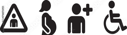 Set of four black silhouette icons depicting people pregnancy and accessibility symbol white