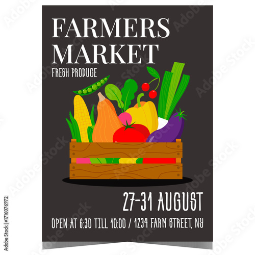 Farmers market banner with a crate of vegetables inviting local producers of agriculture products and consumers to visit a seasonal marketplace with fresh, healthy and organic veggies.