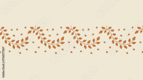 A repeating pattern of brown leaves on branches with scattered leaves on a cream colored background