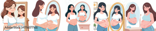 vector of a happy pregnant woman looking in the mirror