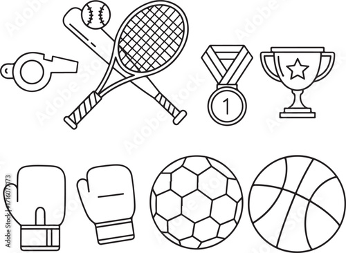 Minimalist line icon set for sports and fitness. Includes football, basketball, tennis racket, baseball bat, boxing gloves, whistle, medal, and trophy. Perfect for web design, mobile apps, user interf