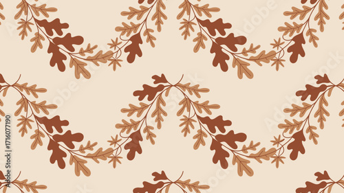 Seamless pattern of brown oak leaves and branches on a light background in a repeating arrangement