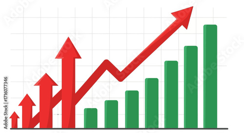 financial growth chart with rising red arrows and green bars signifying success
