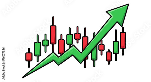 growth chart with upward green arrow and red, green candles