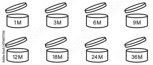 PAO vector icons set. packaging symbol- 3M, 6M, 12M, 18M, 24M, 36M, PAO icons. Life months of open cosmetics. Period of validity after opening. The shelf life of the product after opening the package.