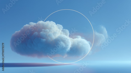 Dreamy Cloudscape with Orb: An ethereal cloud, delicately rendered, drifts serenely against a boundless blue expanse, complemented by a minimalist orb, conveying a sense of tranquility and hope.